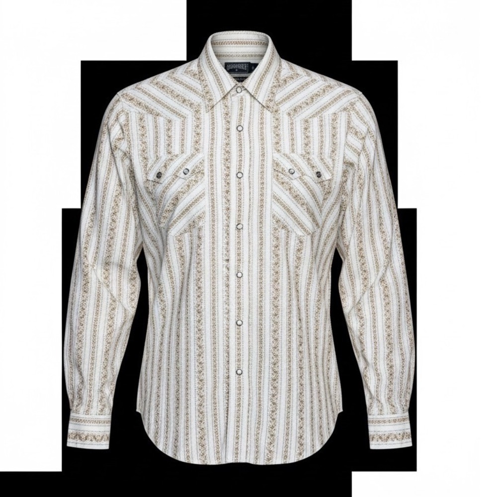 Panhandle Slim Mens XL Western Shirt Tan Floral Stripe Pearl Snap Long Sleeve